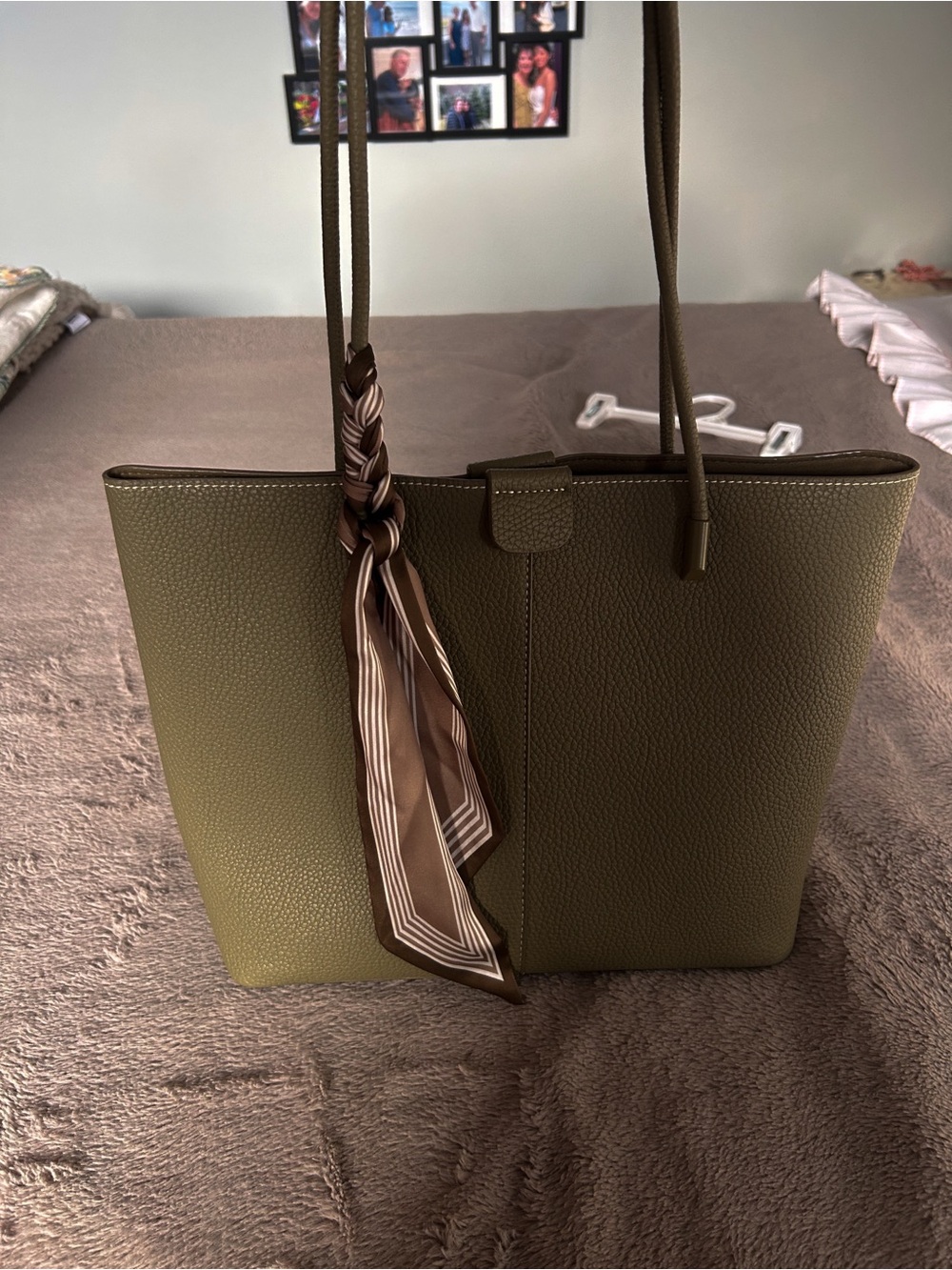 Olive Green Structured Tote Bag with Scarf Accent